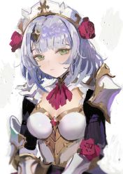 Rule 34 | 1girl, absurdres, armor, breastplate, breasts, commentary request, eyelashes, female focus, flower, genshin impact, green eyes, grey hair, hair ornament, highres, knight, large breasts, looking at viewer, maid, maid headdress, noelle (genshin impact), rose, short hair, solo, super munico, upper body
