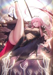 Rule 34 | 1girl, absurdres, ass, black dress, black thighhighs, blush, breasts, death (entity), dress, grim reaper, highres, hololive, hololive english, large breasts, legs, long hair, looking at viewer, mori calliope, nail polish, pink eyes, pink hair, red eyes, scythe, single thighhigh, skeletal arm, smile, solo, sora shitatoge, thighhighs, thighs, virtual youtuber, weapon