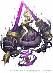 Rule 34 | 1girl, barefoot, blonde hair, briar rose (sinoalice), flat chest, full body, hair ornament, hairclip, half-closed eyes, highres, ji no, looking at viewer, official art, one eye closed, pixels, puppet, sinoalice, solo, space invaders, square enix, swimsuit, tattoo, thorns, white background, yellow eyes