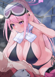 Rule 34 | 1boy, 1girl, absurdres, bare arms, bikini, black bikini, blue archive, blush, breast press, breasts, cameltoe, cleavage, cleft of venus, closed mouth, cowboy shot, eimi (blue archive), eimi (swimsuit) (blue archive), girl on top, goggles, goggles on head, hair between eyes, halo, hand up, hetero, highres, huge breasts, leaning forward, long hair, looking at another, looking down, nekojima, night, outdoors, pink hair, pink halo, ponytail, purple eyes, side-tie bikini bottom, sidelocks, skindentation, smile, solo focus, straddling, straight hair, swimsuit, very long hair, wet