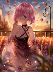Rule 34 | 1girl, absurdres, aircraft, alternate costume, backlighting, bare shoulders, black choker, black dress, black ribbon, blue sky, blush, choker, cloud, cloudy sky, commentary, dress, earrings, fate/grand order, fate (series), hair over one eye, hand up, head tilt, highres, holding, hot air balloon, jewelry, junpaku karen, looking at viewer, looking back, mash kyrielight, outdoors, parted lips, pink hair, pixiv id, purple eyes, railing, revision, ribbon, see-through, short hair, sky, smile, solo, sunset