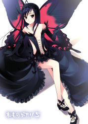 Rule 34 | 10s, 1girl, accel world, aged up, antenna hair, arm support, bare shoulders, black dress, black gloves, black hair, butterfly wings, dress, elbow gloves, gloves, hairband, insect wings, kuroyukihime, lolita hairband, long hair, long legs, red eyes, sitting, solo, takigawa yuu, wings