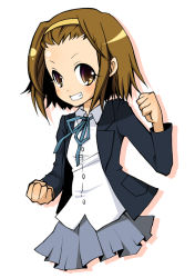 Rule 34 | 00s, 1girl, bad id, bad pixiv id, brown eyes, brown hair, clenched hand, female focus, grin, hairband, k-on!, moriwo, school uniform, short hair, smile, solo, tainaka ritsu, tomboy, white background