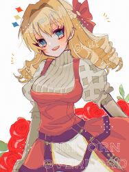 Rule 34 | 1girl, :d, armor, blonde hair, blue eyes, braid, breasts, chromatic aberration, copyright name, covered collarbone, dress, drill hair, eyelashes, film grain, flower, french braid, gauntlets, hair between eyes, hair intakes, hair ribbon, han (hn-khk), highres, long hair, medium breasts, open mouth, pinafore dress, puffy sleeves, red dress, red flower, red ribbon, red rose, ribbed sweater, ribbon, rose, scarlett (unicorn overlord), sleeveless, sleeveless dress, smile, solo, sweater, teeth, turtleneck, turtleneck sweater, twitter username, unicorn overlord, upper teeth only, white background, white sweater