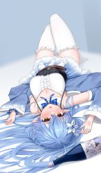 Rule 34 | 1girl, absurdres, arm up, armpits, bare shoulders, belt, blue hair, blue skirt, bow, bowtie, breasts, cleavage, daran9, detached sleeves, frilled shirt, frills, gradient clothes, hand up, highres, hololive, large breasts, legs up, long hair, long sleeves, looking at viewer, lying, on back, open mouth, pointy ears, shirt, skirt, solo, thighhighs, thighs, underbust, upside-down, virtual youtuber, white shirt, white thighhighs, wide sleeves, yellow eyes, yukihana lamy, zettai ryouiki