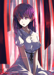 Rule 34 | 1girl, bad id, bad pixiv id, between legs, black ribbon, breasts, collarbone, collared dress, commentary request, dress, fate/stay night, fate (series), hair ribbon, hand between legs, heaven&#039;s feel, highres, long hair, looking away, looking down, looking to the side, matou sakura, medium breasts, official alternate costume, open mouth, pale skin, pink ribbon, purple eyes, purple hair, ribbon, shaded face, shinkami hiroki, short sleeves, sitting, solo, white dress