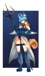 Rule 34 | 1girl, aqua eyes, armor, blue hair, breasts, cleavage, closed mouth, covered erect nipples, full body, hair between eyes, hand on own hip, highres, holding, holding weapon, horns, large breasts, leotard, looking at viewer, monster girl, nanostar, original, polearm, short hair, single horn, solo, trident, weapon
