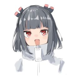 Rule 34 | 1girl, black hair, blunt bangs, cropped torso, grey jacket, highres, jacket, jitomi monoe, magnet, mainichi ga nichiyoubi (sunday dw), multicolored clothes, multicolored jacket, open mouth, red eyes, short hair, simple background, sketch, smile, solo, two-tone jacket, upper body, virtual youtuber, voms, white background, white jacket, zipper pull tab