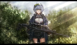 Rule 34 | 1girl, chukavin svch, expressionless, girls&#039; frontline, gloves, goggles, goggles on head, green eyes, gun, headphones, headphones around neck, highres, holding, holding gun, holding weapon, jacket, jhands onpc, letterboxed, looking at viewer, nature, outdoors, rifle, scope, shirt, short hair, shorts, silver hair, sniper rifle, solo, svch (girls&#039; frontline), thighhighs, thighs, weapon, white shirt