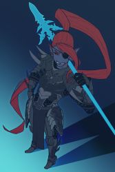 Rule 34 | 1girl, alternate hair length, alternate hairstyle, armor, belt, black sclera, blue skin, colored sclera, colored skin, embellished costume, energy spear, energy weapon, eyepatch, fangs, fins, full armor, full body, gills, gradient background, hand on own hip, head fins, highres, long hair, monster girl, no nose, over shoulder, plushyrobot, polearm, ponytail, red hair, shade, shadow, sharp teeth, solo, spear, standing, teeth, undertale, undyne, very long hair, weapon, weapon over shoulder, yellow eyes