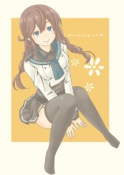 Rule 34 | 1girl, absurdres, between legs, black skirt, blue eyes, blue neckerchief, blue sailor collar, braid, breasts, brown hair, epaulettes, eyebrows hidden by hair, floral background, from above, grey shirt, hair between eyes, highres, jacket, kantai collection, long sleeves, looking at viewer, looking up, medium breasts, midriff, neckerchief, no shoes, noshiro (kancolle), pot-de, sailor collar, shirt, sitting, skirt, solo, thighhighs, twin braids, twitter username, white background, white jacket, yellow background