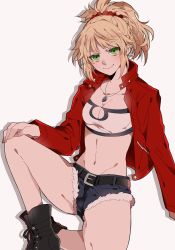 Rule 34 | 1girl, belt, blonde hair, boots, braid, breasts, denim, denim shorts, fate/apocrypha, fate/grand order, fate (series), green eyes, hair ornament, hair scrunchie, jacket, jewelry, looking at viewer, midriff, mordred (fate), mordred (fate/apocrypha), mordred (memories at trifas) (fate), namahamu (hmhm 81), navel, necklace, ponytail, red scrunchie, scrunchie, shorts, small breasts, smile, solo