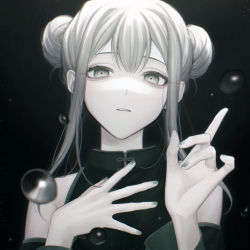 Rule 34 | 1girl, black background, bubble, china dress, chinese clothes, double bun, dress, grey eyes, grey hair, hair bun, hand on own chest, hand up, highres, looking at viewer, nail polish, okai yuda, original, parted lips