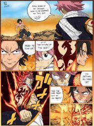 Rule 34 | 2boys, bare shoulders, black hair, clash, clenched hands, crossover, death battle, fairy tail, fighting, fire, freckles, glowing, glowing fist, grin, hat, henil031, highres, jewelry, male focus, multiple boys, natsu dragneel, necklace, one piece, pink hair, portgas d. ace, scarf, topless male, smile, speech bubble, spiked hair, straw hat, tattoo, watermark, web address