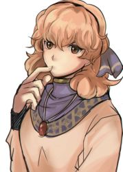 Rule 34 | 1girl, bad id, bad tumblr id, brown eyes, brown hair, curly hair, finger in own mouth, fire emblem, fire emblem echoes: shadows of valentia, genny (fire emblem), jewelry, looking at viewer, necklace, nintendo, rem (eyes 410), simple background, solo