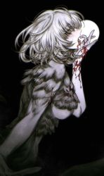 Rule 34 | 1girl, black background, blood, blood on arm, blood on chest, blood on face, blood on hands, bob cut, breasts, dungeon meshi, empty eyes, falin touden, falin touden (chimera), fangs, feathers, finger to mouth, from side, hair over eyes, hand up, highres, hosan, licking, licking finger, looking away, messy hair, monochrome, monster girl, nude, open mouth, profile, saliva, short hair, simple background, solo, spoilers, spot color, tongue, tongue out, underboob, upper body, yellow eyes
