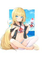 Rule 34 | 1girl, barefoot, bikini, blonde hair, blue eyes, blue sky, blunt bangs, blurry, bokeh, breasts, day, depth of field, food, frilled bikini, frills, grin, highres, indian style, long hair, looking at viewer, luse maonang, marie fou lafan, navel, official art, otome game sekai wa mob ni kibishii sekai desu, outdoors, outside border, sailor collar, shaved ice, sidelocks, simple background, single thighhigh, sitting, sky, small breasts, smile, solo, sweat, swimsuit, thighhighs, very long hair, white background, white thighhighs