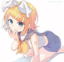 Rule 34 | 1girl, :t, arched back, bare shoulders, blonde hair, bow, crop top, flat chest, frown, green eyes, grey shorts, hair bow, hair ornament, hairclip, kagamine rin, kneeling, leaning forward, looking at viewer, midriff, number tattoo, pout, reki (arequa), sailor collar, shirt, shorts, shoulder tattoo, sleeveless, sleeveless shirt, solo, tattoo, vocaloid, white bow, white shirt, yellow nails