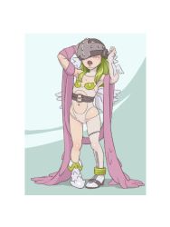 Rule 34 | 1girl, aged down, angel wings, angewomon, blonde hair, blush, boots, child, covered eyes, digimon, digimon (creature), female focus, flat chest, full body, hagoromo, hands up, helmet, highres, long hair, muramura hito, navel, open mouth, pigeon-toed, shawl, single leg pantyhose, solo, white footwear, white wings, winged helmet, wings