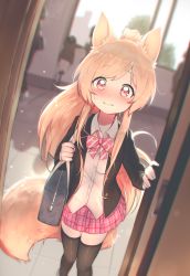 Rule 34 | 1girl, absurdres, animal ears, bag, black jacket, black thighhighs, blonde hair, blush, bow, bowtie, closed mouth, commentary request, commission, door, fox ears, fox girl, fox tail, highres, hoplitx, indoors, jacket, long hair, looking at viewer, original, pink bow, pink bowtie, pink skirt, pixiv commission, plaid, plaid skirt, pleated skirt, ponytail, school bag, school uniform, shirt, sidelocks, skirt, solo focus, sweat, tail, thighhighs, very long hair, white shirt, window
