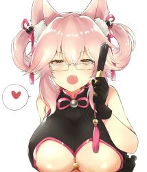Rule 34 | 1girl, animal ear fluff, animal ears, bad id, bad pixiv id, black dress, blush, breasts, brown hair, china dress, chinese clothes, commentary request, dress, fangs, fate/grand order, fate (series), folded fan, folding fan, fox ears, grey-framed eyewear, hair between eyes, hair ribbon, hand fan, hand up, heart, holding, holding fan, koyanskaya (chinese lostbelt outfit) (fate), koyanskaya (fate), large breasts, long hair, looking at viewer, melings (aot2846), open mouth, over-rim eyewear, pink hair, pink ribbon, ribbon, semi-rimless eyewear, sidelocks, simple background, sleeveless, sleeveless dress, solo, spoken heart, tamamo (fate), twintails, upper body, white background
