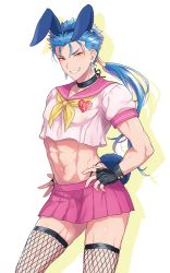 Rule 34 | 1boy, abs, animal ears, blush, choker, crossdressing, cu chulainn (fate), cu chulainn (fate/stay night), earrings, fang, fate (series), fishnet thighhighs, fishnets, jewelry, looking at viewer, male focus, male playboy bunny, midriff, navel, open mouth, pleated skirt, ponytail, rabbit ears, rabbit tail, school uniform, serafuku, simple background, skirt, solo, tail, thighhighs, toned, toned male, white background, yami no naka