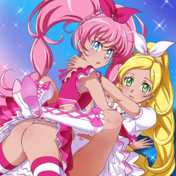Rule 34 | 10s, 2girls, ass, bad id, bad pixiv id, blonde hair, blue eyes, boots, bow, braid, couple, cure melody, cure rhythm, dress, earrings, frills, gradient background, green eyes, hair ornament, hair ribbon, heart, highres, houjou hibiki, jewelry, knee boots, leg lock, long hair, looking at viewer, magical girl, md5 mismatch, minamino kanade, mont blanc (heartcatch ayaya), multiple girls, open mouth, panties, pink bow, pink hair, pink legwear, ponytail, precure, ribbon, shirt, single braid, skirt, suite precure, surprised, thong, toei animation, twintails, underwear, white dress, yuri