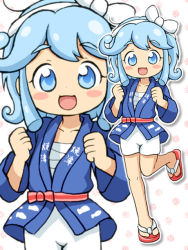 Rule 34 | 1girl, :d, blue eyes, blue hair, blush, blush stickers, bow, clenched hands, geta, hair bow, japanese clothes, lasto, leg up, looking at viewer, matching hair/eyes, open mouth, sandals, simple background, smile, solo, standing, standing on one leg, tabi, white background, yaidu, yaidu shoukou kai no moe kyara, zoom layer