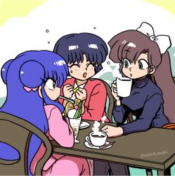 Rule 34 | 3girls, blue bow, blue hair, bow, brown eyes, closed eyes, coffee, cookie, food, green eyes, kuonji ukyou, looking at another, multiple girls, open mouth, parfait, ranma 1/2, shampoo (ranma 1/2), short hair, table, tendou akane, wanta (futoshi)