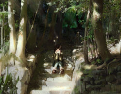 Rule 34 | 1girl, bad id, bad pixiv id, brown eyes, brown hair, carlos toshiki, head rest, forest, light rays, looking at viewer, nature, original, shade, sitting, sitting on stairs, solo, stairs, sunbeam, sunlight, tree, tree shade