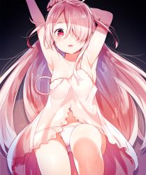 Rule 34 | 1girl, armpits, arms up, bare shoulders, blush, camisole, collarbone, commentary request, dress, elbow gloves, gloves, hair over one eye, long hair, looking at viewer, moe on drop, original, pink eyes, pink hair, solo, very long hair, white dress