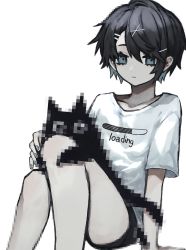 Rule 34 | 1girl, animal, animal on lap, black cat, black hair, black shorts, blue eyes, blue nails, cat, cat on lap, censored, collarbone, commentary, ear piercing, english commentary, feet out of frame, hair ornament, hairclip, highres, knees up, loading screen, looking at viewer, mosaic censoring, nail polish, on lap, original, piercing, shirt, short hair, short sleeves, shorts, sitting, solo, t-shirt, taezuodoru 0, white background, white shirt