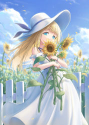 Rule 34 | 1girl, aqua eyes, bare arms, bare shoulders, blonde hair, blue ribbon, blue sky, blunt bangs, cloud, day, dress, feet out of frame, fence, flower, gohei (aoi yuugure), hat, hat ribbon, highres, holding, holding flower, leaf, long hair, looking at viewer, off-shoulder dress, off shoulder, original, outdoors, ribbon, sky, solo, standing, sun hat, sunflower, sunflower petals, white dress, white hat, wristband