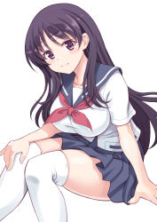 Rule 34 | 1girl, black hair, blouse, blue sailor collar, blue skirt, breasts, closed mouth, commentary, hand on own knee, highres, invisible chair, large breasts, long hair, looking at viewer, miniskirt, neckerchief, pila (pilayamato), pleated skirt, purple eyes, red neckerchief, sailor collar, saki, saki (manga), saki achiga-hen, school uniform, senriyama school uniform, shimizudani ryuuka, shirt, short sleeves, simple background, sitting, skindentation, skirt, smile, solo, thighhighs, white background, white shirt, white thighhighs