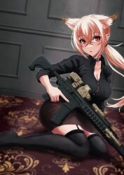Rule 34 | 1girl, animal ear fluff, animal ears, assault rifle, black shirt, black thighhighs, breasts, brown collar, brown skirt, collar, collared shirt, commentary request, dausagi, dress shirt, ear piercing, eotech, garter straps, gun, hair between eyes, highres, holding, holding gun, holding weapon, indoors, large breasts, long hair, long sleeves, looking at viewer, low ponytail, on floor, original, parted lips, piercing, pink hair, ponytail, red eyes, rifle, shirt, sidelocks, sig sauer, sig mcx, skirt, solo, thighhighs, very long hair, weapon