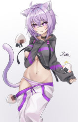 Rule 34 | 1girl, ahoge, animal ear fluff, animal ears, black choker, black jacket, breasts, cat ears, cat tail, choker, gradient background, grey background, groin, highres, hololive, jacket, large breasts, long sleeves, looking at viewer, navel, nekomata okayu, nekomata okayu (1st costume), panties, purple eyes, purple hair, short hair, signature, solo, stomach, striped clothes, striped panties, tail, underboob, underwear, virtual youtuber, z.m. (zimin)