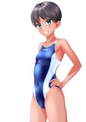 Rule 34 | 1girl, absurdres, black hair, blue one-piece swimsuit, breasts, cameltoe, clothes writing, commentary request, competition swimsuit, covered navel, cowboy shot, green eyes, grin, hands on own hips, highres, looking at viewer, multicolored clothes, multicolored swimsuit, one-piece swimsuit, one-piece tan, original, short hair, simple background, small breasts, smile, solo, standing, swimsuit, takafumi, tan, tanline, white background