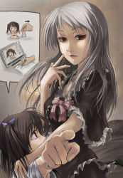 Rule 34 | &gt; &lt;, 2girls, age difference, bad id, bad pixiv id, black hair, closed eyes, drawing, drawing tablet, face, foreshortening, gun, handgun, long hair, mact, mother and daughter, multiple girls, original, pistol, pointing, red eyes, silver hair, undressing, weapon