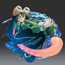 Rule 34 | 1girl, :&gt;, abiko yuuji, ass, asui tsuyu, black eyes, black hair, blush, bodysuit, boku no hero academia, breasts, commentary request, frog girl, from below, full body, gloves, goggles, goggles on head, gradient background, green hair, grey background, hair between eyes, hair rings, highres, legs up, long hair, long tongue, looking at viewer, low-tied long hair, medium breasts, solo, toes, tongue, tongue out, water