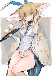 Rule 34 | 1girl, animal ears, areola slip, arknights, arm support, black collar, blonde hair, blue necktie, blush, breasts, cameltoe, collar, detached collar, detached sleeves, extra ears, fake animal ears, feet out of frame, fox ears, fox girl, fox tail, green eyes, groin, highres, holding, holding tray, indoors, infection monitor (arknights), leotard, looking at viewer, material growth, mikozin, multiple tails, necktie, oripathy lesion (arknights), oversized breast cup, playboy bunny, rabbit ears, short hair, small breasts, solo, suzuran (arknights), sweat, tail, tray, white collar, white leotard, white sleeves