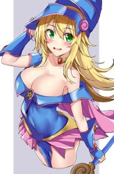 Rule 34 | 1girl, absurdres, arm up, bare shoulders, blonde hair, blue dress, blue hat, blush, breasts, capelet, choker, cleavage, collarbone, commentary, covered navel, cowboy shot, dark magician girl, dress, duel monster, gauntlets, green eyes, hair between eyes, hand up, hat, hexagram, highres, holding, holding wand, holding weapon, jewelry, kirikan (cokekiri), large breasts, long hair, looking to the side, mage staff, magician, necklace, open mouth, simple background, smile, solo, star of david, thighs, two-tone background, wand, weapon, yu-gi-oh!