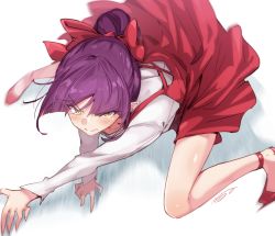 Rule 34 | 1girl, blush, bow, bun150, closed mouth, commentary request, dress, from above, gegege no kitarou, hair bow, highres, long sleeves, looking at viewer, nekomusume, nekomusume (gegege no kitarou 6), pointy ears, purple hair, red bow, red dress, short hair, signature, simple background, solo, white background, yellow eyes