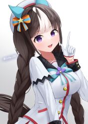 Rule 34 | 1girl, absurdres, animal ears, blush, bow, breasts, brown hair, commentary request, ear bow, ear covers, gloves, gradient background, highres, hokko tarumae (umamusume), horse ears, horse girl, horse tail, jacket, large breasts, long hair, lryutanl, multicolored hair, open mouth, pleated skirt, pointing, pointing up, purple eyes, simple background, skirt, smile, solo, streaked hair, striped, striped bow, tail, umamusume, very long hair, white background, white gloves, white hair, white headwear, white jacket, white skirt