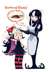 Rule 34 | = =, apron, black dress, black hair, blush stickers, bow, breasts, clenched hand, colored inner hair, dress, elbow gloves, english text, fingerless gloves, gloves, grey apron, hair bow, halftone, hamburger steak, hand on another&#039;s head, hand up, headpat, highres, large breasts, legs together, long dress, long hair, multicolored hair, noss (rariatto), notice lines, open mouth, original, pantyhose, ponytail, purple hair, rariatto (ganguri), red bow, short dress, smile, solid oval eyes, spoken food, standing, streaked hair, striped clothes, striped legwear, striped pantyhose, v-shaped eyebrows, wristband, zakuro (rariatto)