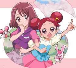 Rule 34 | 2girls, :d, arm up, blush, commentary request, cosplay, costume switch, crossover, dodo (ojamajo doremi), double bun, fairy, grey shorts, hair bun, hair ornament, hairpin, hanadera nodoka, hand to own mouth, hand up, harukaze doremi, healin&#039; good precure, highres, hood, hood down, hooded jacket, jacket, locked arms, long hair, looking at another, masaru (win800), multiple girls, musical note, ojamajo doremi, open mouth, pink eyes, pink shirt, pink skirt, pleated skirt, pointing, pointing up, precure, purple jacket, rabbit, rabirin (precure), red hair, shirt, short hair, short sleeves, shorts, skirt, sleeveless, sleeveless jacket, smile, t-shirt