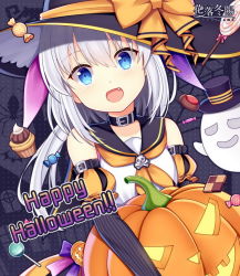 Rule 34 | 1girl, :d, black collar, black hat, black sailor collar, black sleeves, blue eyes, bow, candy, candy wrapper, character request, collar, collarbone, commentary request, copyright name, fang, food, ghost, hair between eyes, halloween, happy halloween, hat, hat bow, hitsuki rei, jack-o&#039;-lantern, layered sleeves, lollipop, long hair, long sleeves, looking at viewer, neckerchief, open mouth, orange bow, orange neckerchief, orange sleeves, puff and slash sleeves, puffy short sleeves, puffy sleeves, sailor collar, shirt, short over long sleeves, short sleeves, silver hair, sleeveless, sleeveless shirt, smile, snowdreams -lost in winter-, solo, striped sleeves, swirl lollipop, top hat, trick or treat, watermark, white shirt, witch hat