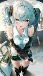 Rule 34 | 1girl, aqua eyes, aqua hair, bare shoulders, detached sleeves, hatsune miku, highres, long hair, looking at viewer, necktie, open mouth, shirubaa, solo, twintails, vocaloid