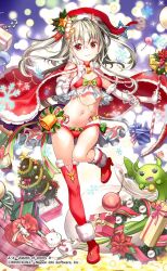Rule 34 | 1girl, bell, bikini, boots, box, breasts, candy, candy cane, cape, christmas, christmas ornaments, christmas tree, cloak, closed mouth, commentary, dragon princess (z/x), elbow gloves, flower, food, fujima takuya, fur-trimmed boots, fur-trimmed cape, fur-trimmed cloak, fur-trimmed gloves, fur-trimmed headwear, fur trim, gift, gift box, gloves, grey hair, hair between eyes, hair ornament, hand up, hat, high heel boots, high heels, holding, holding staff, holly, horns, index finger raised, leg up, lights, looking at viewer, navel, red bikini, red cape, red cloak, red eyes, red flower, red footwear, red hat, red thighhighs, sack, santa costume, santa hat, single thighhigh, small breasts, smile, snowflakes, solo, sparkle, staff, standing, standing on one leg, star (symbol), star hair ornament, stuffed animal, stuffed cat, stuffed toy, swimsuit, thighhighs, two side up, watermark, white gloves, wreath, z/x