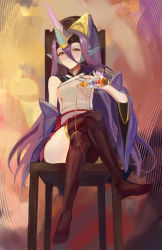 Rule 34 | 1girl, absurdres, alcohol, beer, black thighhighs, blazblue, bottle, breasts, chair, godsh0t, hades izanami, highres, long hair, looking at viewer, mikado (blazblue), ponytail, purple eyes, purple hair, sitting, solo, thighhighs, very long hair