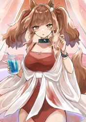 Rule 34 | 1girl, andou yuna, angelina (arknights), angelina (summer flower) (arknights), animal ears, arknights, blush, bracelet, breasts, coat, cowboy shot, cup, curtains, drink, drinking glass, drinking straw, earrings, eyebrows hidden by hair, fox ears, fox girl, glass, hair ribbon, highres, holding, holding drink, indoors, infection monitor (arknights), jewelry, medium breasts, necklace, official alternate costume, one-piece swimsuit, open mouth, orange background, red one-piece swimsuit, red ribbon, ribbon, solo, swimsuit, twintails, white coat